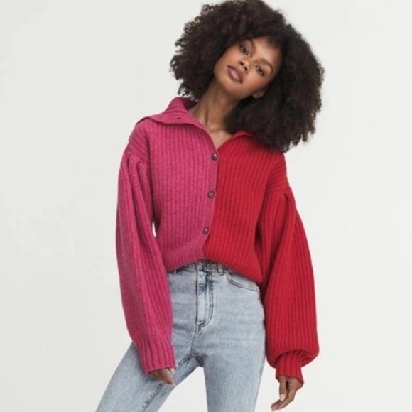 Something Navy Daisy Colorblock Wool Cardigan - S - Picture 1 of 8